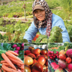 photo of gardener and various produce