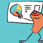 illustration of animated bean pointing at pie chart