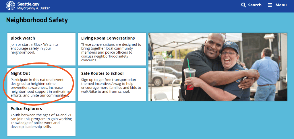 Neighborhood Safety section of the Community Resource Hub. Night Out link is highlighted.