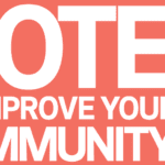 illustration of Seattle skyline with the words "Vote to improve your community"