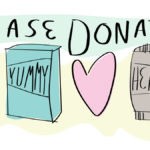 illustration of boxed and canned food with text that says "Please Donate"