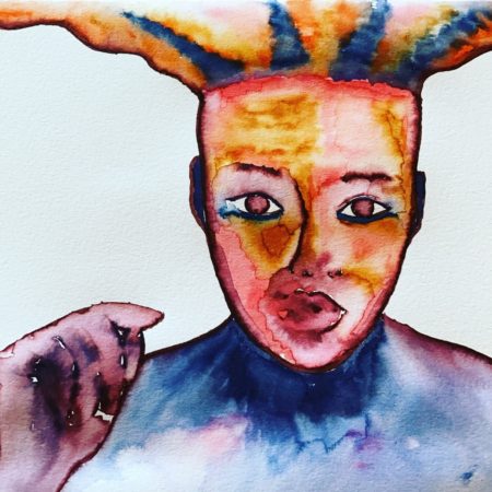 abstract watercolor painting of a Black person's face, with light and color emanating from the top of the head
