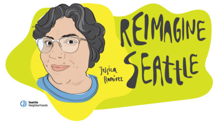 illustration of Jessica Ramirez's face with text that says "Reimagine Seattle"