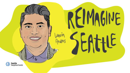 illustration of Lanvin Andres' face with text that says "Reimagine Seattle"