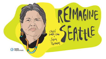 illustration of Sara Thomas next to the words "Reimagine Seattle"