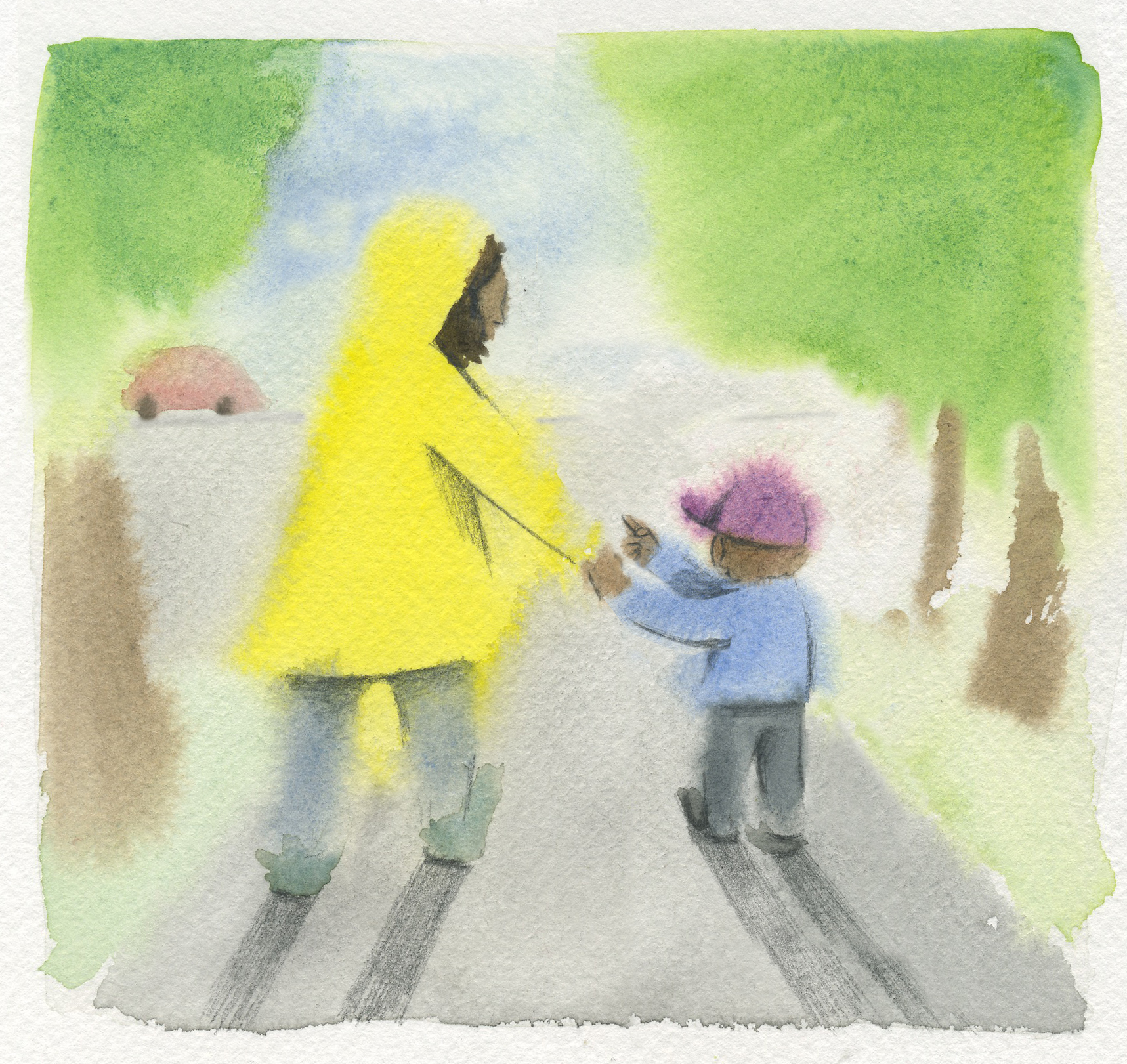watercolor painting of an adult and child, holding hands, walking down a tree-lined sidewalk. a red car is visible in the distance.