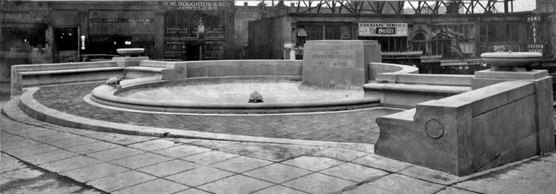 archival black and white photo of Prefontaine Fountain in pristine and clean condition