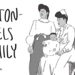 An illustration of a family of five-one man, two women, and two young children.