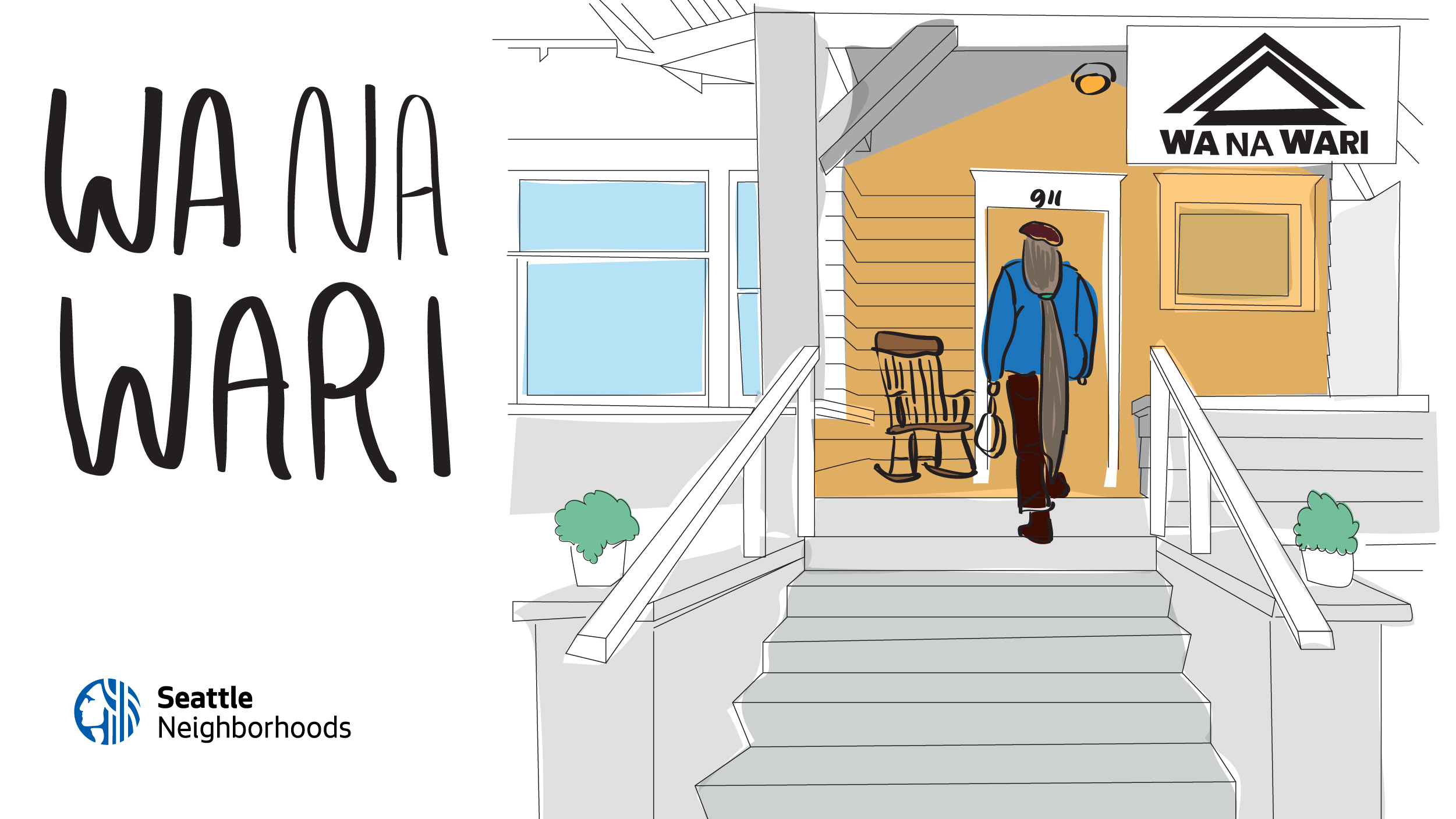 Illustration of the front porch of a house with stairs and a person walking toward the door. Written text