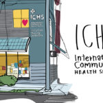 A two story building with a lower window and awning and logo with letters ICHS on the side of the building. Text says "International Community Health Services"