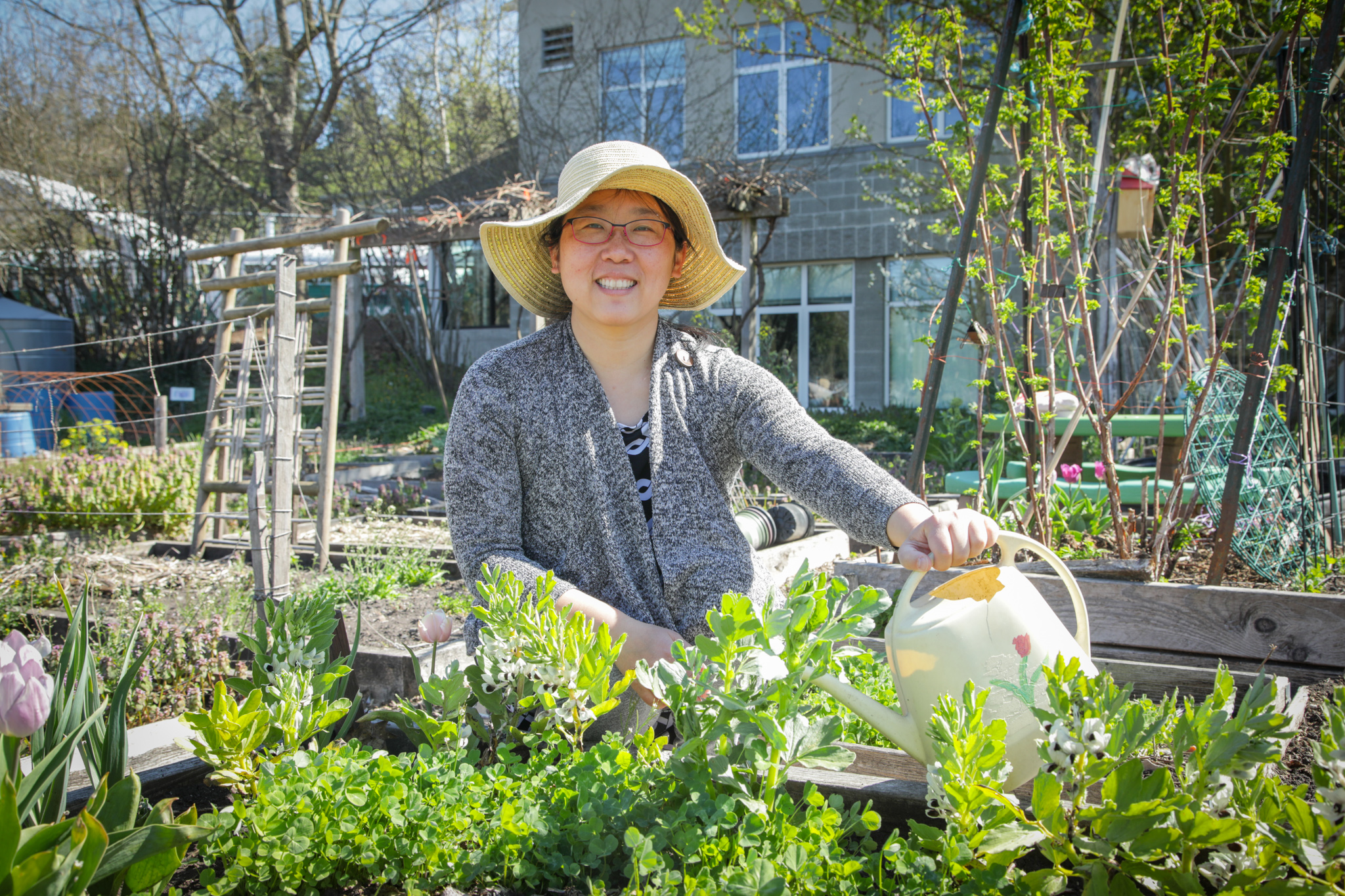 A community gardener waters her garden plot with a watering can.