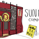 An illustration of a red storefront with a dragon painted on the door, origami cranes hanging next to the doors, a photo of a man in the top right, and a yellow sandwich board that says "Sun May" in English and Chinese.