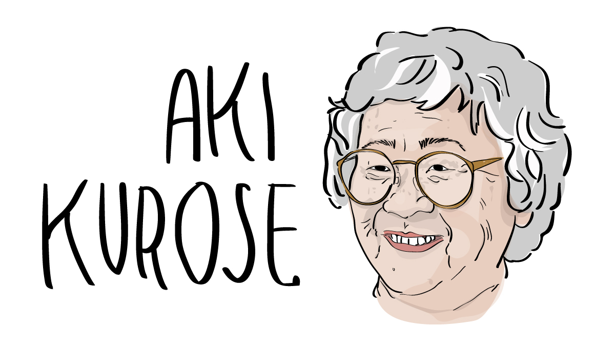 illustration of smiling woman. She has short gray hair and glasses.