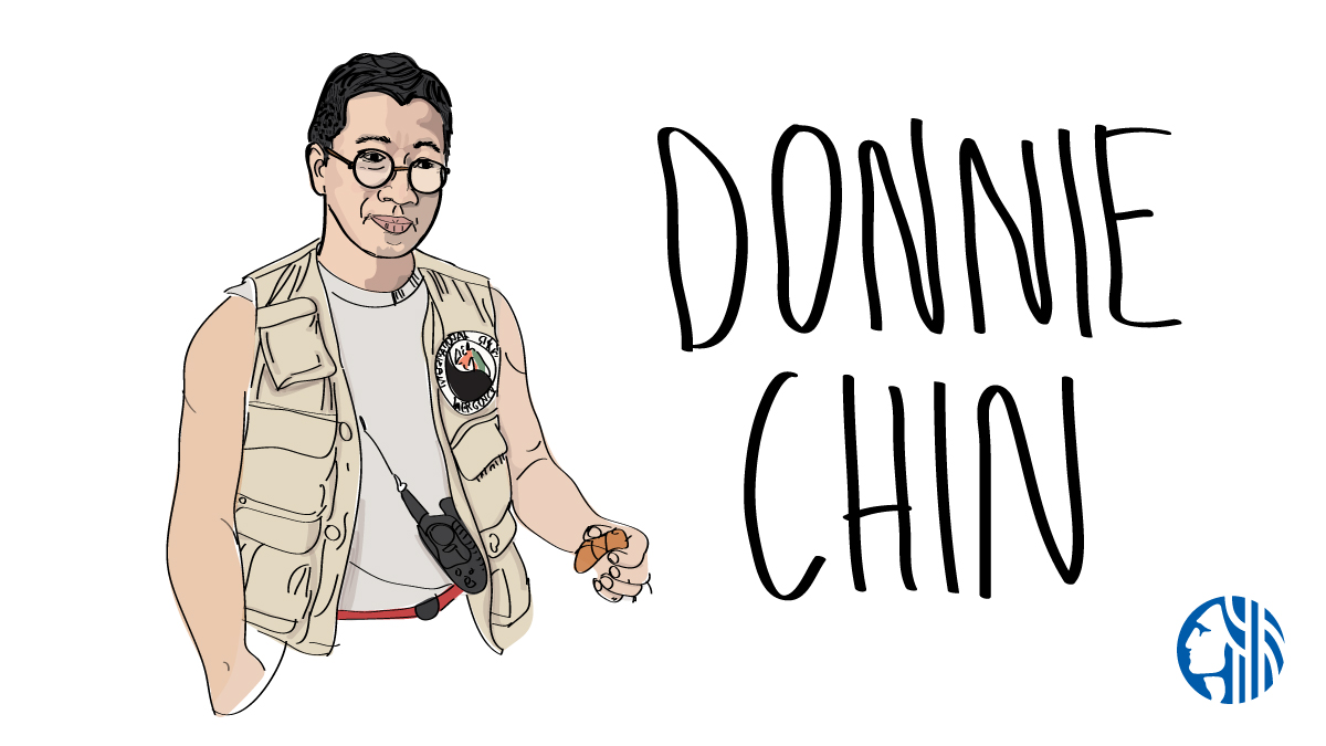 An illustration of a man of Chinese descent wearing glasses, a khaki vest, and a handheld radio. Text says 