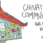 Colorful cartoon of the bulletin board that hangs in Chinatown.