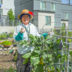 A woman wearing a sun hat stands in a community garden next to a large kale plant.