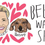 Cartoons of queer owner Corina and her dog, Bebop with silly pink hearts all around and the name Bebop Waffle Shop