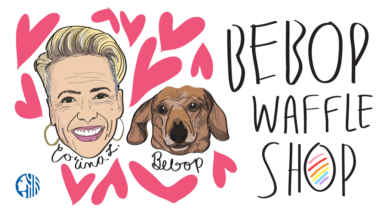 Cartoons of queer owner Corina and her dog, Bebop with silly pink hearts all around and the name Bebop Waffle Shop