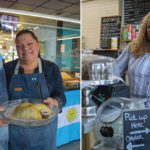 Two photos side by side; the one on the left with a man and woman standing together wearing aprons and holding a plate of empanadas. The photo on the right is a woman standing behind the counter in a café and juice bar.