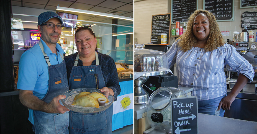 Two photos side by side; the one on the left with a man and woman standing together wearing aprons and holding a plate of empanadas. The photo on the right is a woman standing behind the counter in a café and juice bar.