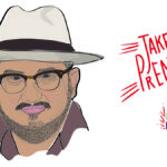 illustration of man's face. he is wearing glasses and a bowler hat. handwritten text reads "Jake Prendez"