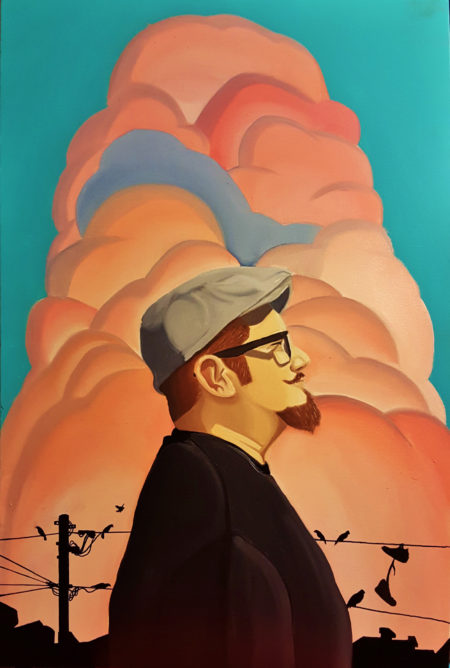 painting of billowing pink clouds against a blue sky in the background. in the foreground is a man standing in profile in front of electrical poles and wires. He has a hat, glasses, and goatee.