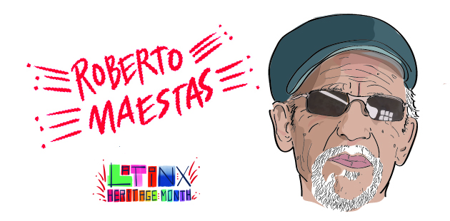 A graphic illustration of a Latinx man with a white goatee wearing sun glasses and a black hat. Handwritten text says 