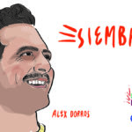 An illustration of a young Latinx man smiling and looking off frame. Handwritten text in red says "Alex Dorros. Siembra" and stylized, multi-colored lettering below says "Latinx Heritage Month"