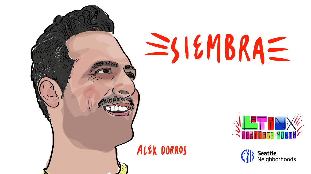 An illustration of a young Latinx man smiling and looking off frame. Handwritten text in red says 