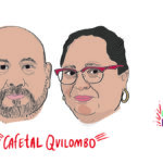 A headshot illustration of a bald man with a light beard and a woman with dark hair pulled back, red glasses and earrings, both smiling. Handwritten text below illustrations says "Cafetal Quilombo" and multicolored block text to the right reads "Latinx Heritage Month"