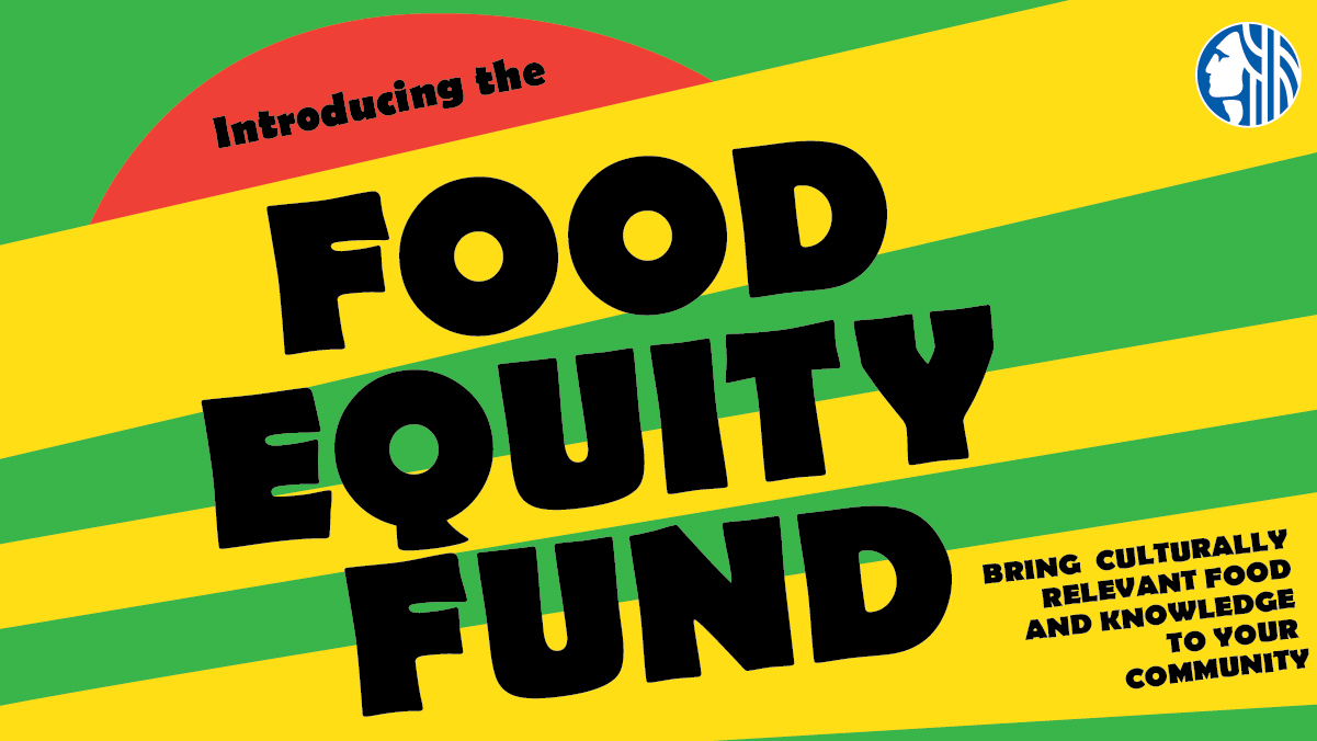 Green and yellow lines with bold black text stating: Food Equity Fund, and a little tomato slice in the background