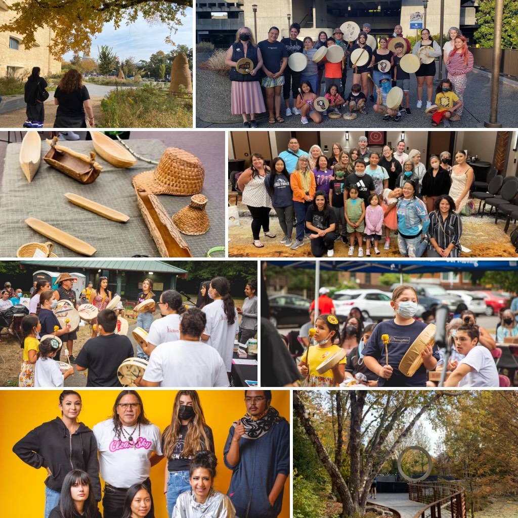 photo collage of Indigenous youth engaged in activities. in two of the photos, youth are engaged in drum circles, in others they are posing for group photos. There is lots of smiling.