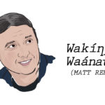 An illustration of a Native American man's face smiling and looking to the right. A banner in the top corner says "Native American Heritage Month" and black text on the right reads "Wakíƞyaƞ Waánataƞ (Matt Remle)"