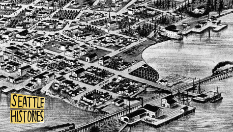 A birdseye view of Pioneer Square in 1878 with a logo in the corner that says Seattle Histories