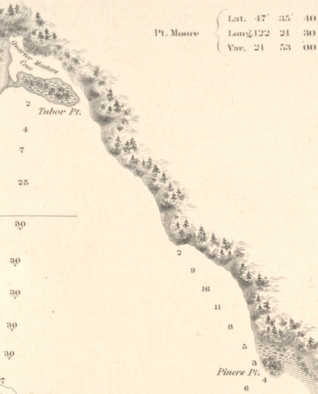 Parchment colored map detailing the Seattle coastline prior to the draining of the Duwamish estuary with "Piners Pt" labeled right near the water, the location that is now called Pioneer Square.
