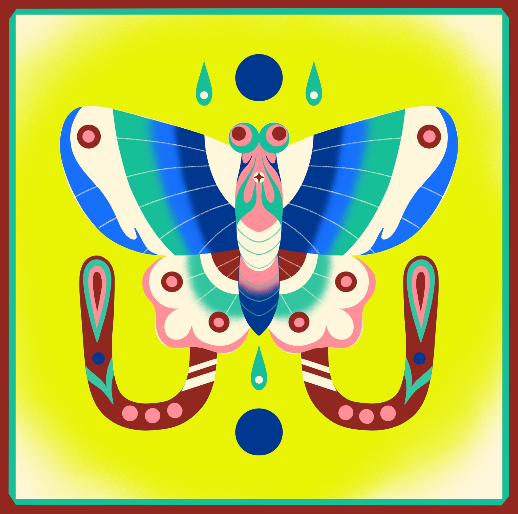 illustration of a butterfly on a bright yellow background. the butterfly features bold shades of red, pink, and blue.