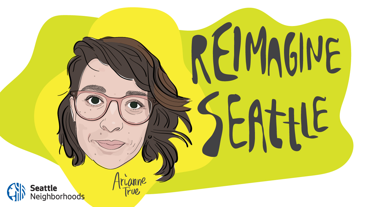 hand drawn illustration of Arianne True's face against a yellow background with the words 