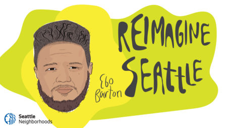 illustration of Ebo Barton's face. next to the words "Reimagine Seattle"