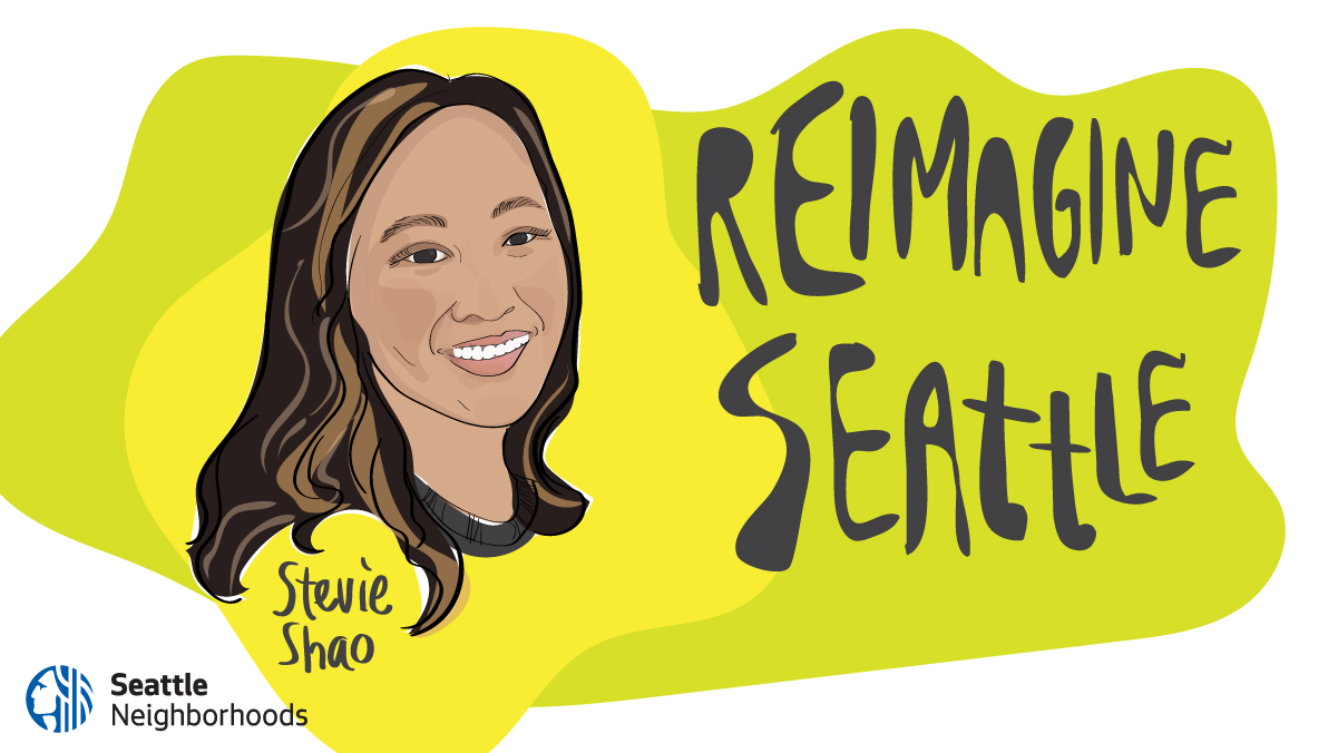 illustration of Stevie Shao's face. she is a young Chinese American woman with long dark hair and blonde streaks. she is smiling.