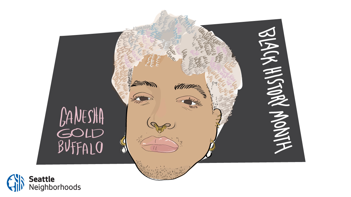 An illustration close-up of a Black woman with short hair and a septum piercing. Handwritten background text says 