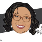 An illustration of a Black woman's face, with medium length black hair and glasses. Handwritten, vertical text on the left says "Black History Month" and horizontal in the right corner says "LaNesha DeBardelaben"
