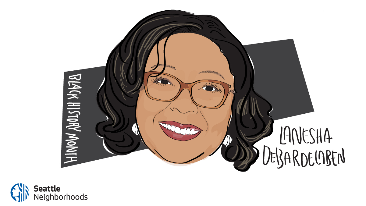 An illustration of a Black woman's face, with medium length black hair and glasses. Handwritten, vertical text on the left says 