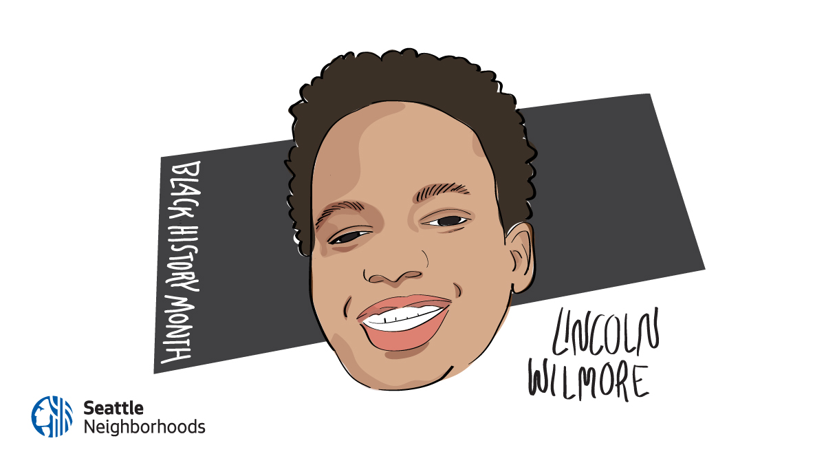 An illustration of a young, smiling, Black teen with a black rectangular background and text that says 