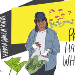 An illustration of a Black woman in a garden, harvesting greens with a black and yellow background that says Black History Month and handwritten text that says "Paula Harris White"