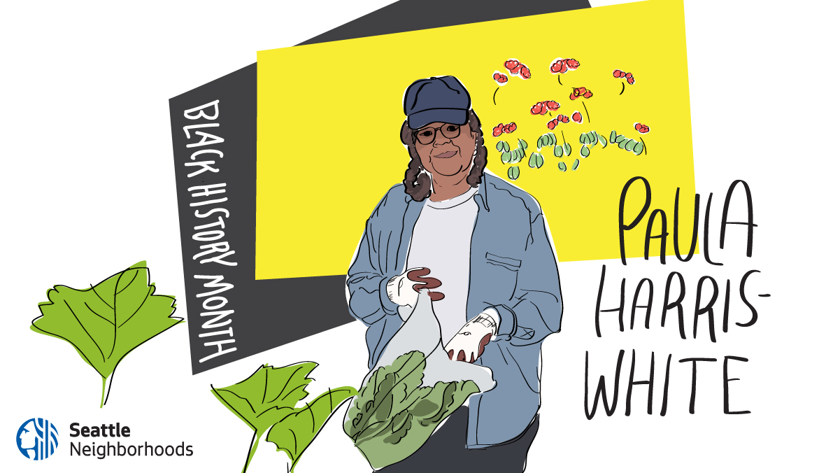 An illustration of a Black woman in a garden, harvesting greens with a black and yellow background that says Black History Month and handwritten text that says 