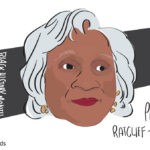 An illustration of a Black woman with short gray hair smiling slightly and looking off to the right with a black rectangular background with white text that reads "Black History Month" and black text reading "Phyllis Ratcliff-Beaumonte