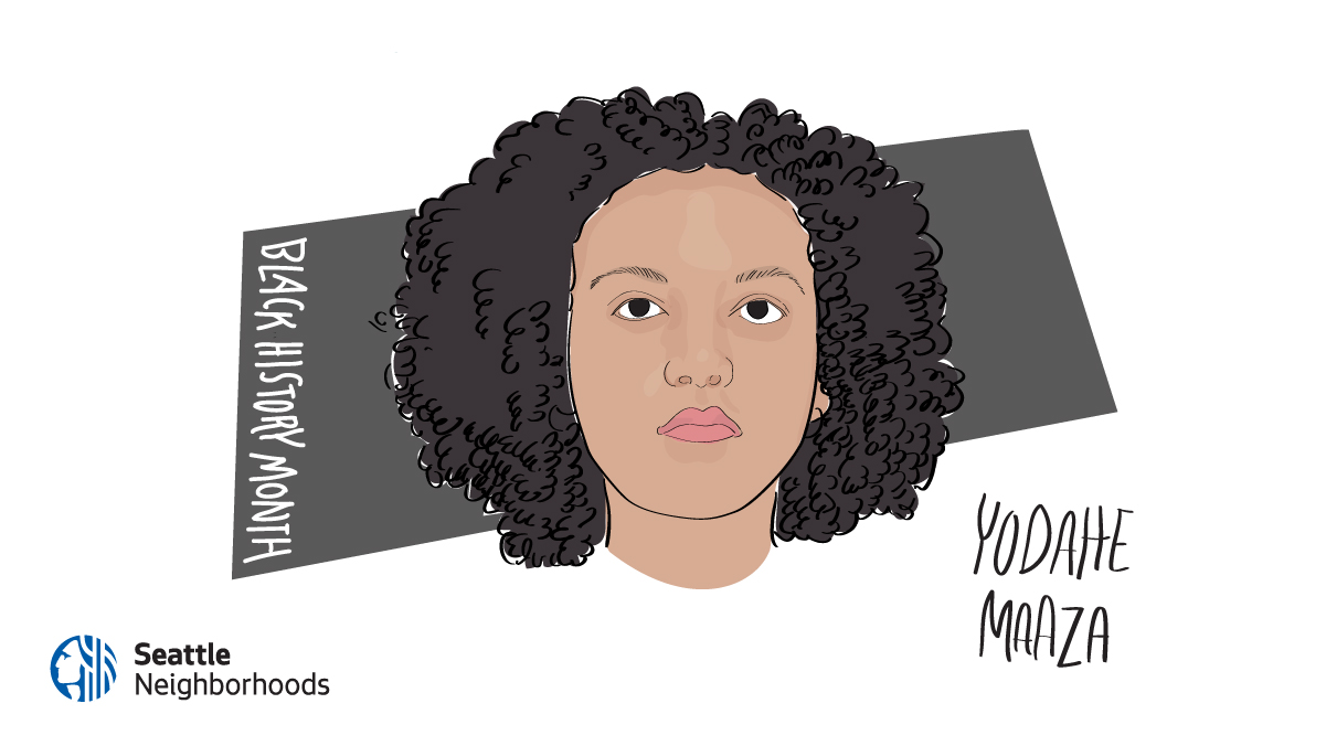 An illustration of the face of a young Black woman with dark curly hair over a dark rectangular background with text that says 
