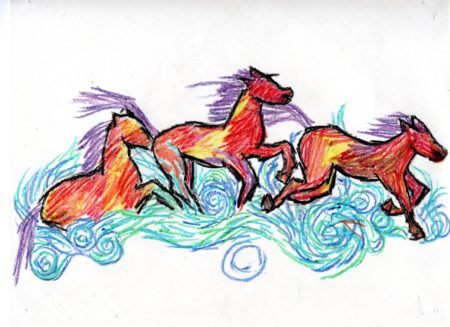 Crayon or oil pastel drawing of three red and yellow horses with purple manes galloping on top of blue swirls of water. 