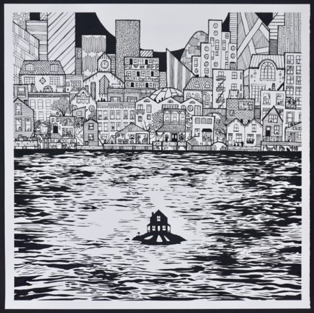 Black-and-white intricately detailed drawing of a tiny house on a rock in the ocean that looks onto a big city with many tall buildings overlapping.