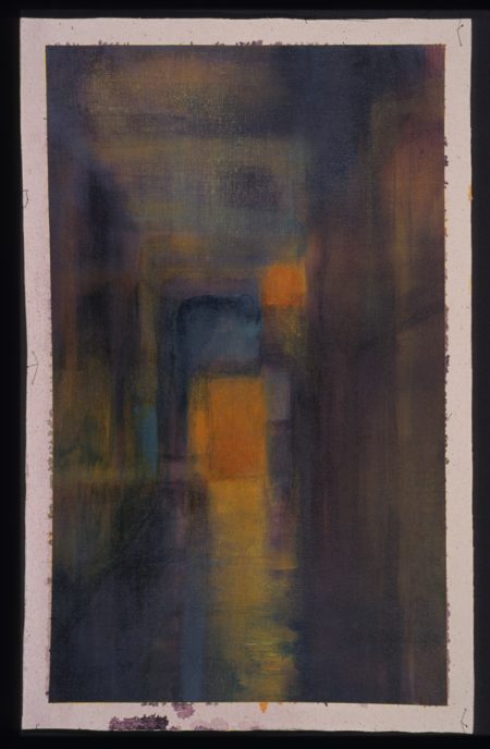 Fuzzy painting of a purple and blue hallway, yellow rectangle of light glowing at the end. 